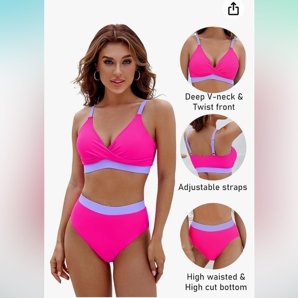 NWT High Waisted Bikini Sets V Neck Two Piece Swimsuit Color Block Twist Front - Picture 3 of 5